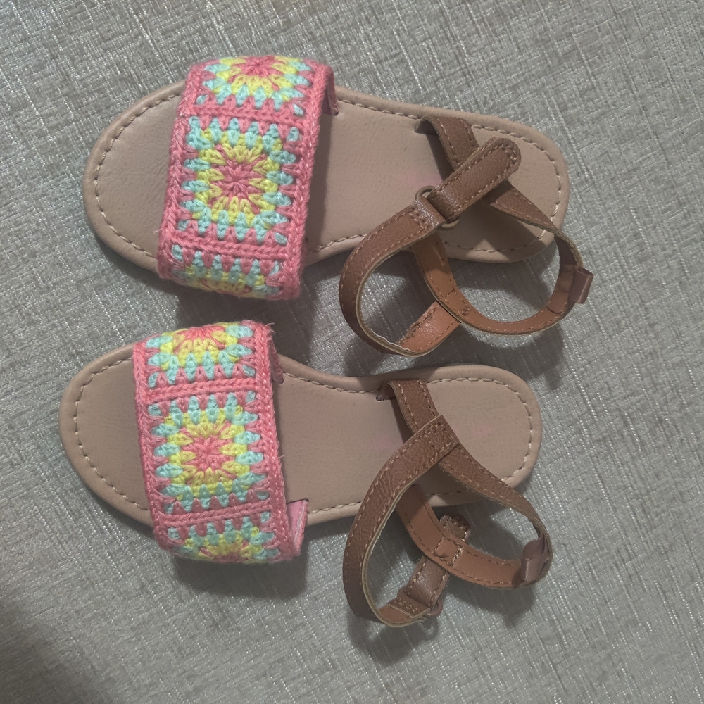 Girls Pink Crochet Strap Sandals with Brown Ankle Straps